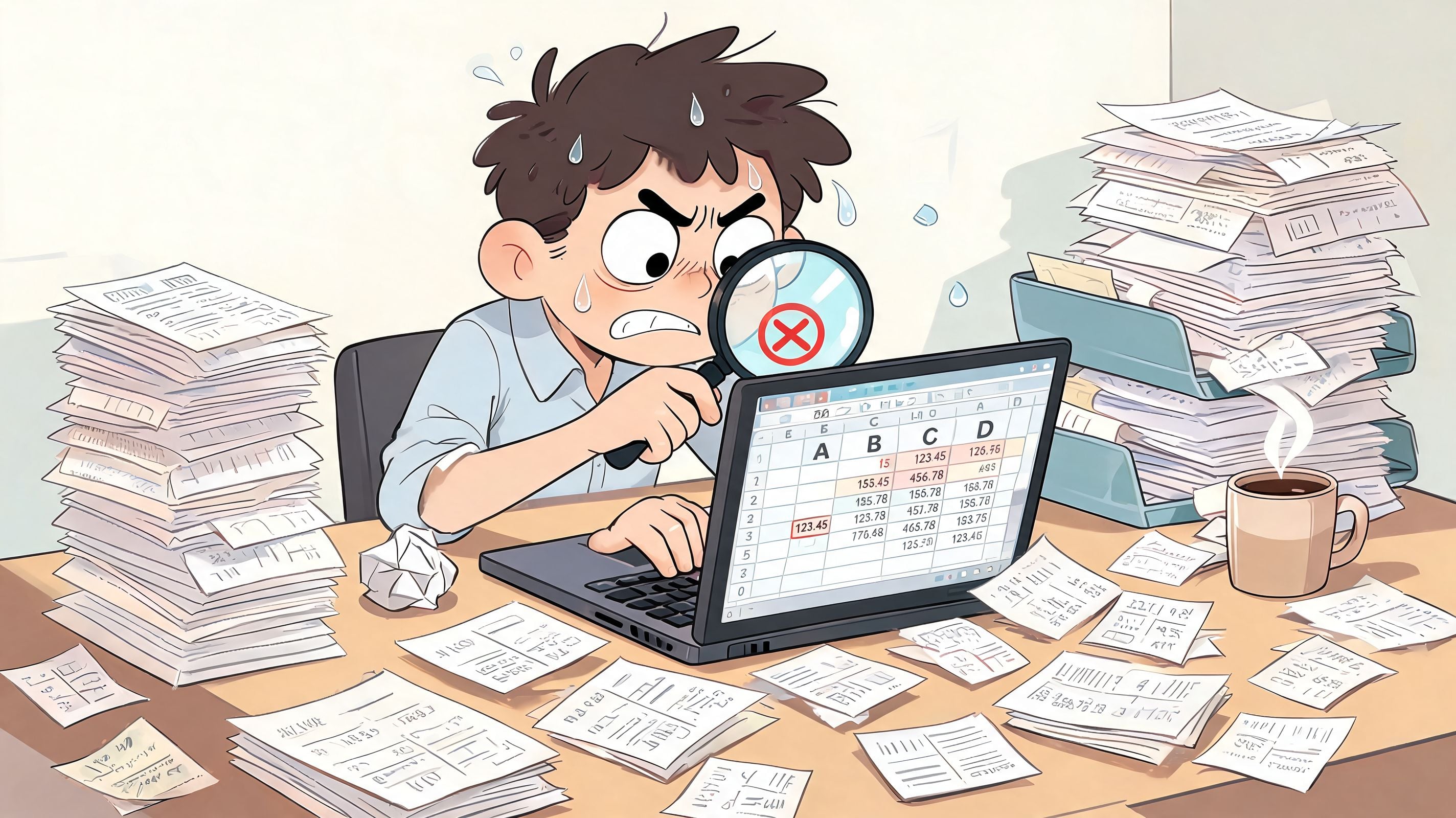 A stressed accountant examines a laptop spreadsheet with a magnifying glass amid piles of disorganized office paperwork.