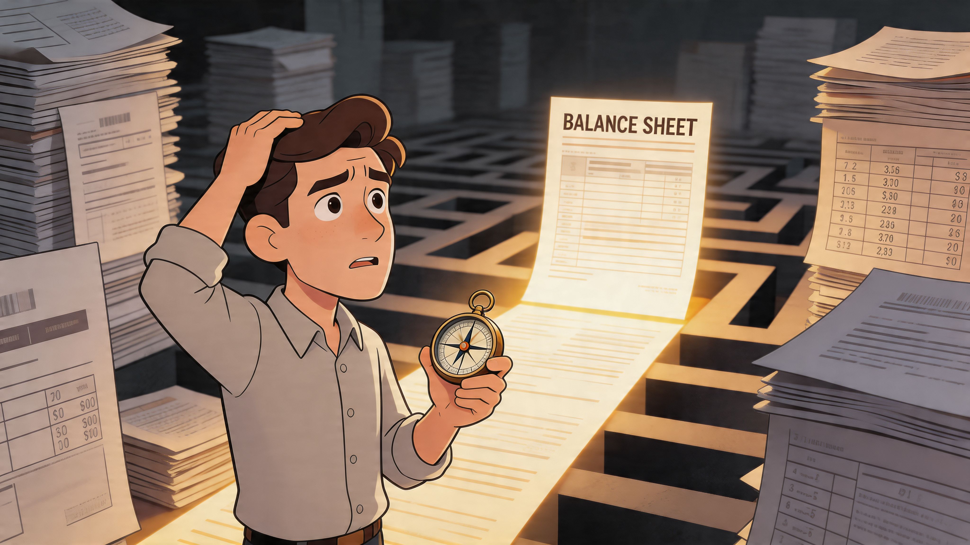 A cartoon man looking confused while holding a compass in a maze of paperwork and balance sheets.