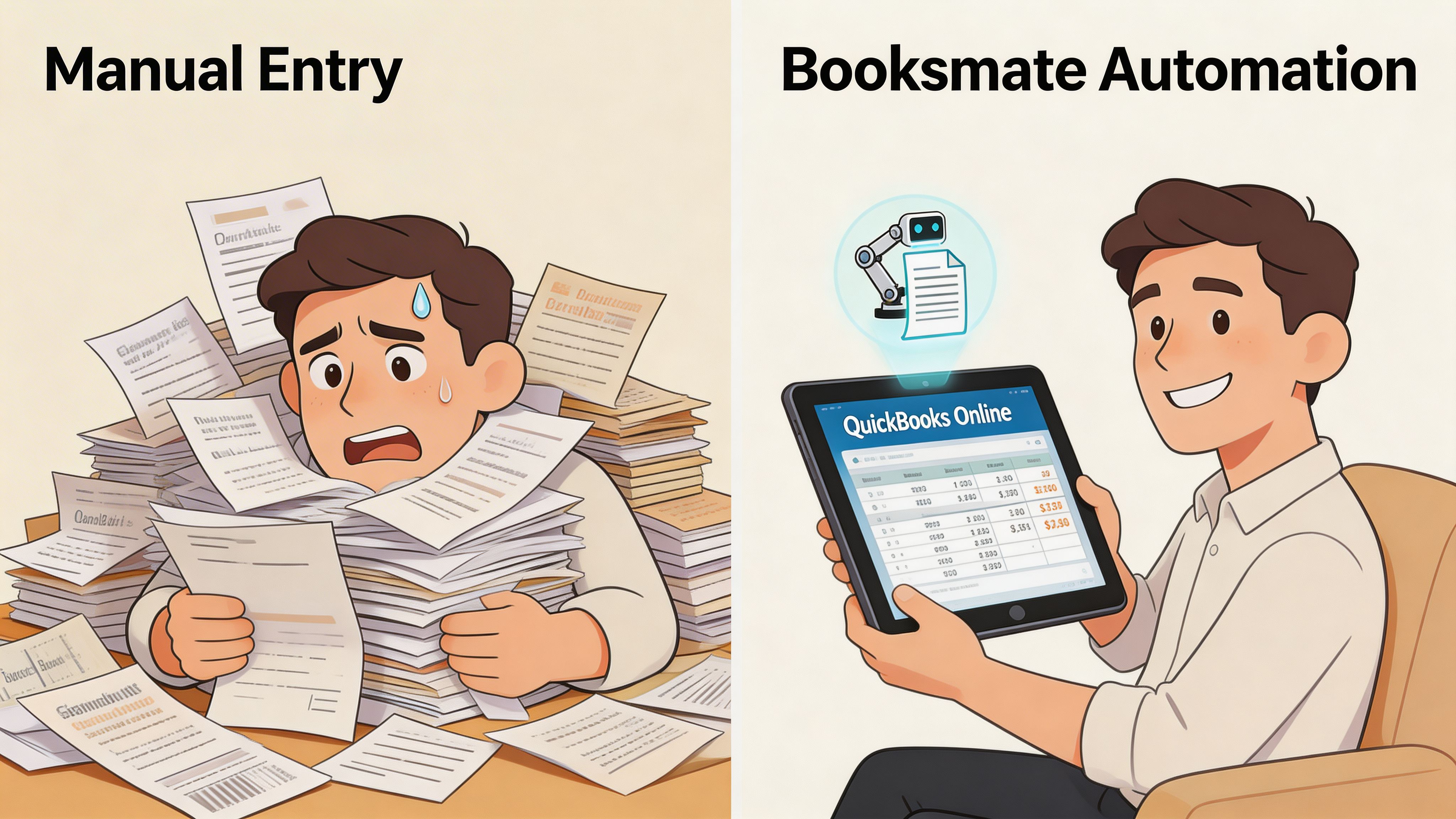 A split image showing a stressed person doing manual data entry versus a relaxed person using Booksmate automation.