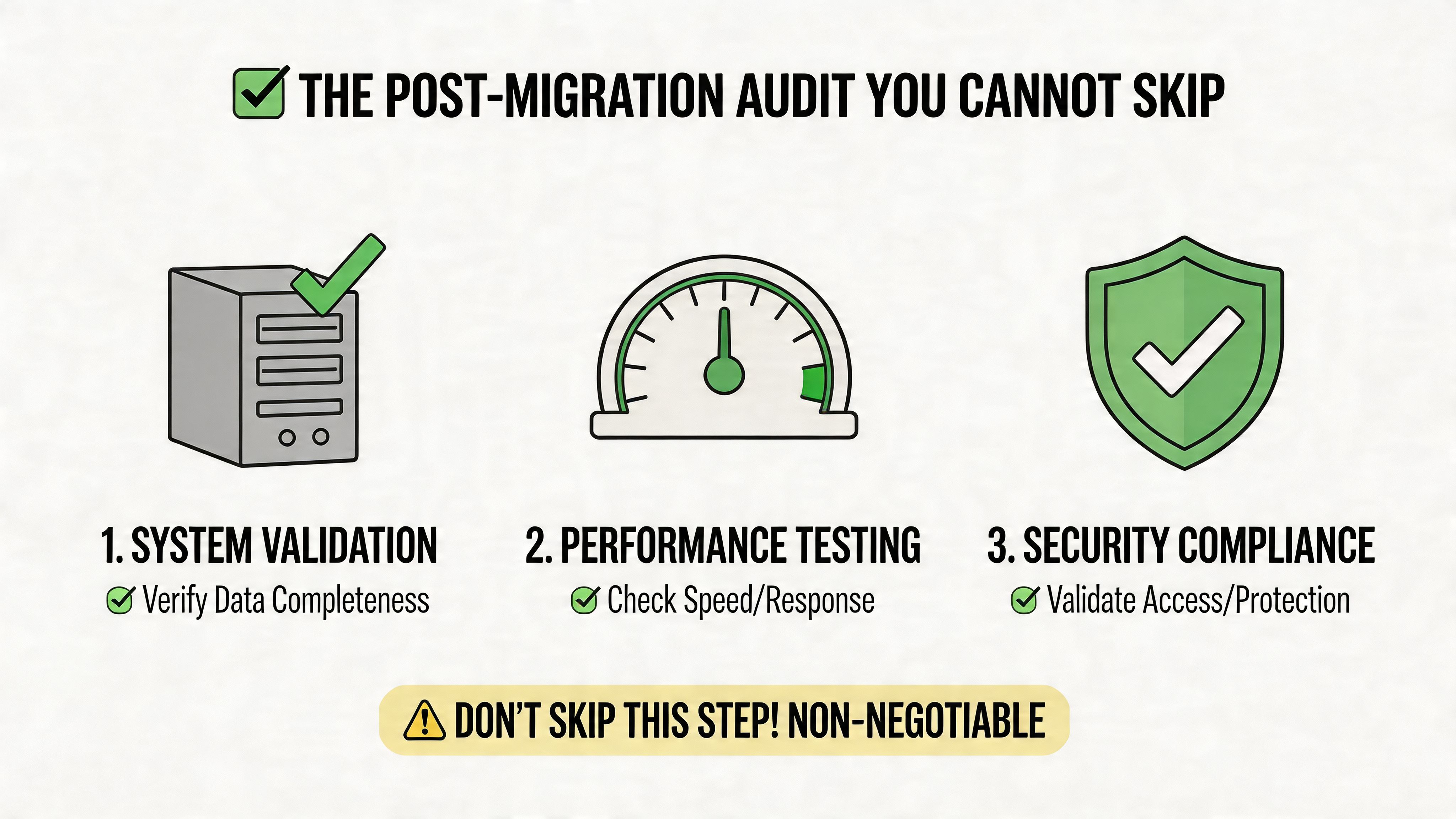 A checklist infographic outlining three essential post-migration steps for data integrity, performance, and security compliance.