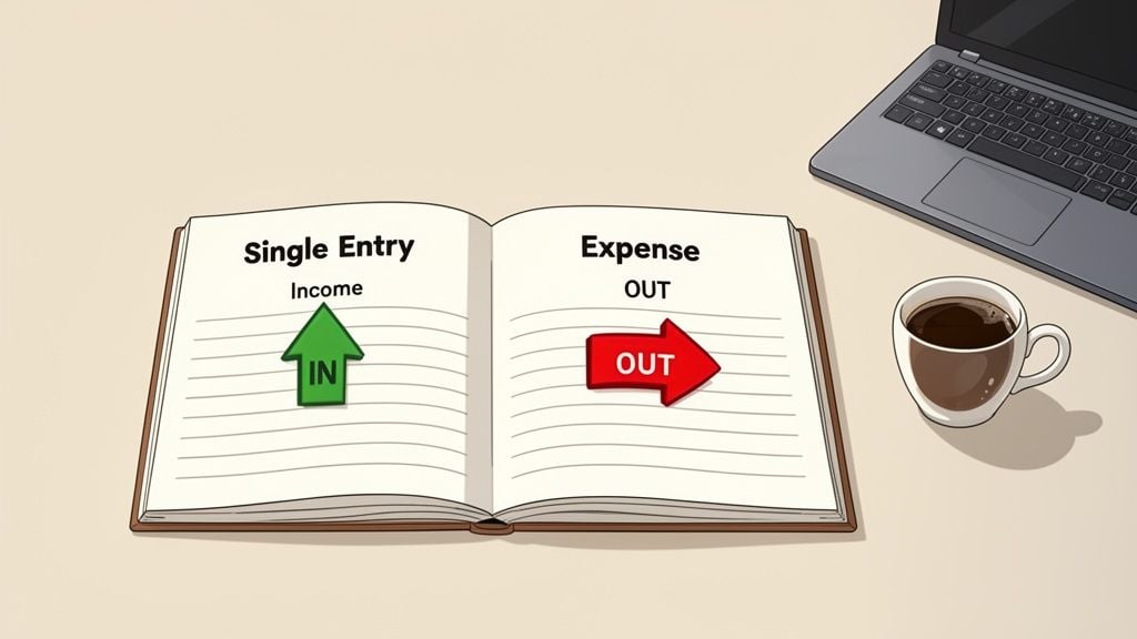 An open ledger book showing single-entry income (IN) and expenses (OUT), with a laptop and coffee.