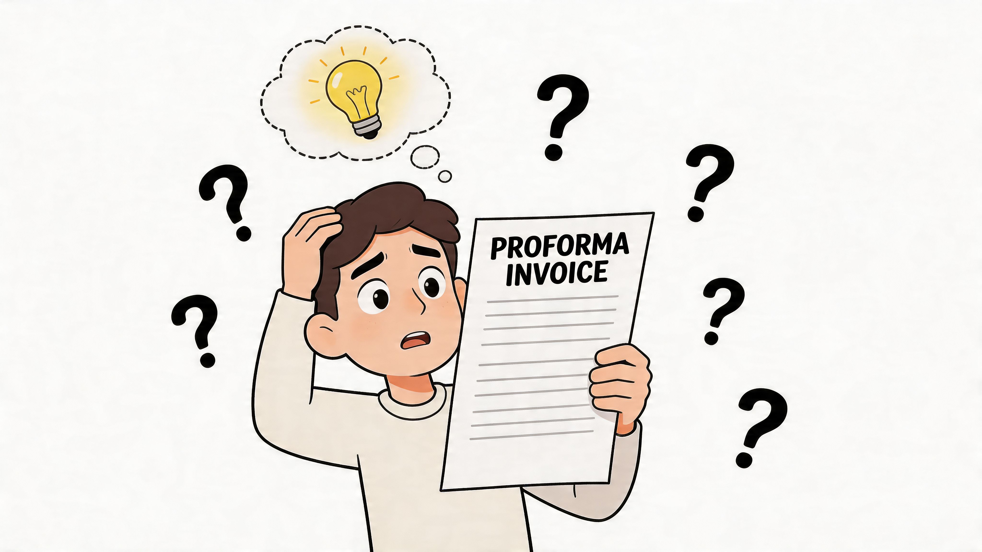 A confused person looking at a proforma invoice while wondering about its meaning and purpose.