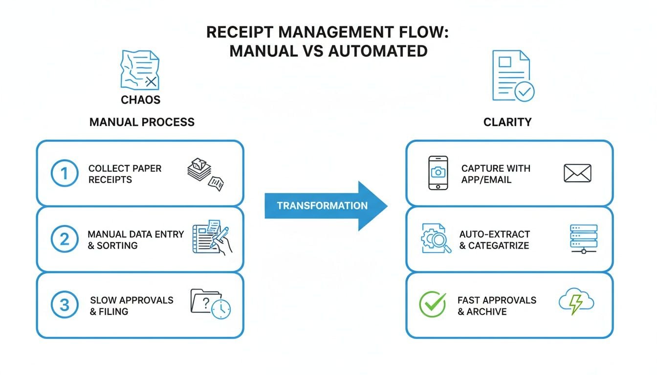 Infographic comparing manual and automated receipt management processes, showing transformation from chaos to clarity.