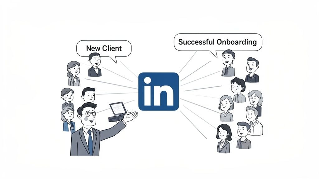 A professional illustration of people connecting through LinkedIn for new client acquisition and successful business onboarding.