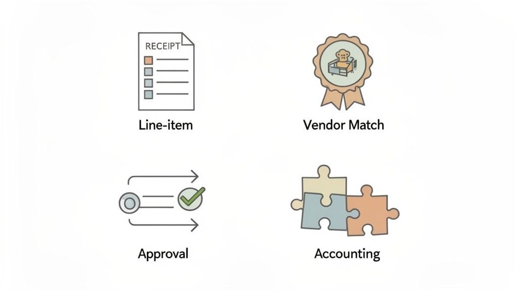 Four icons representing invoice processing steps: line-item, vendor match, approval, and accounting.