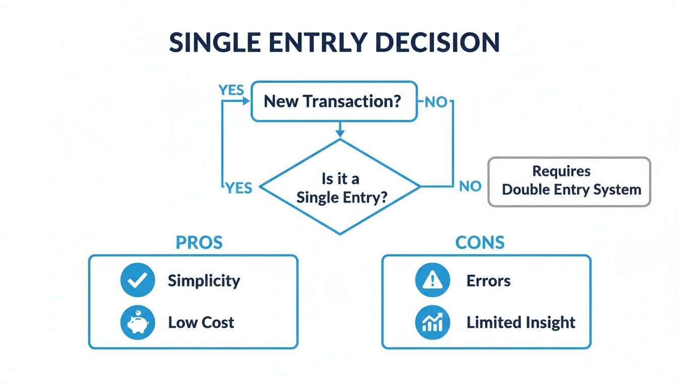 Flowchart showing single entry decision process with pros (simplicity, low cost) and cons (errors, limited insight).