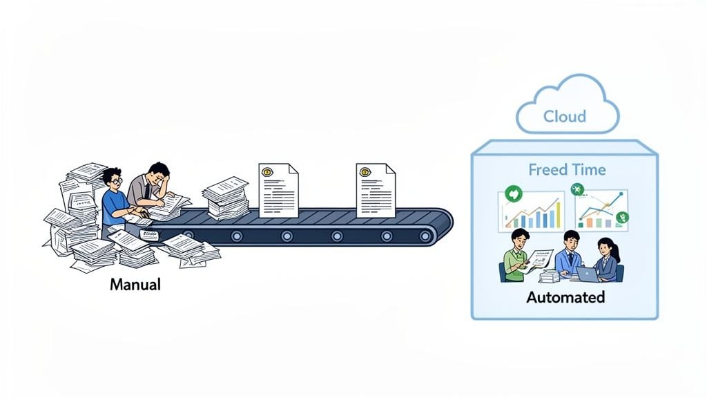 Illustration contrasting manual, paper-intensive work with efficient, cloud-based automated processes resulting in freed time.