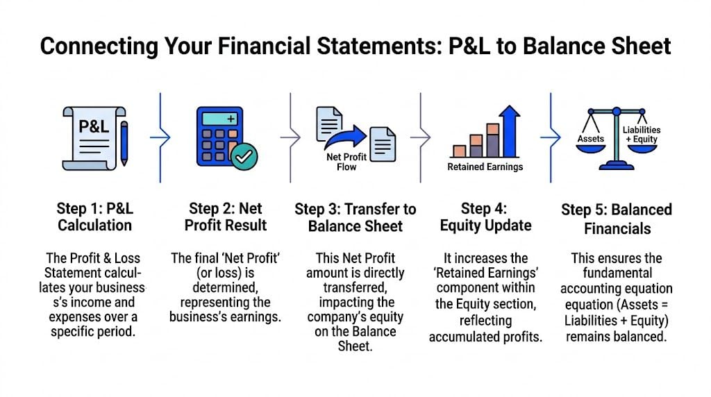 A diagram illustrating the five-step process of connecting the Profit and Loss statement to the Balance Sheet.