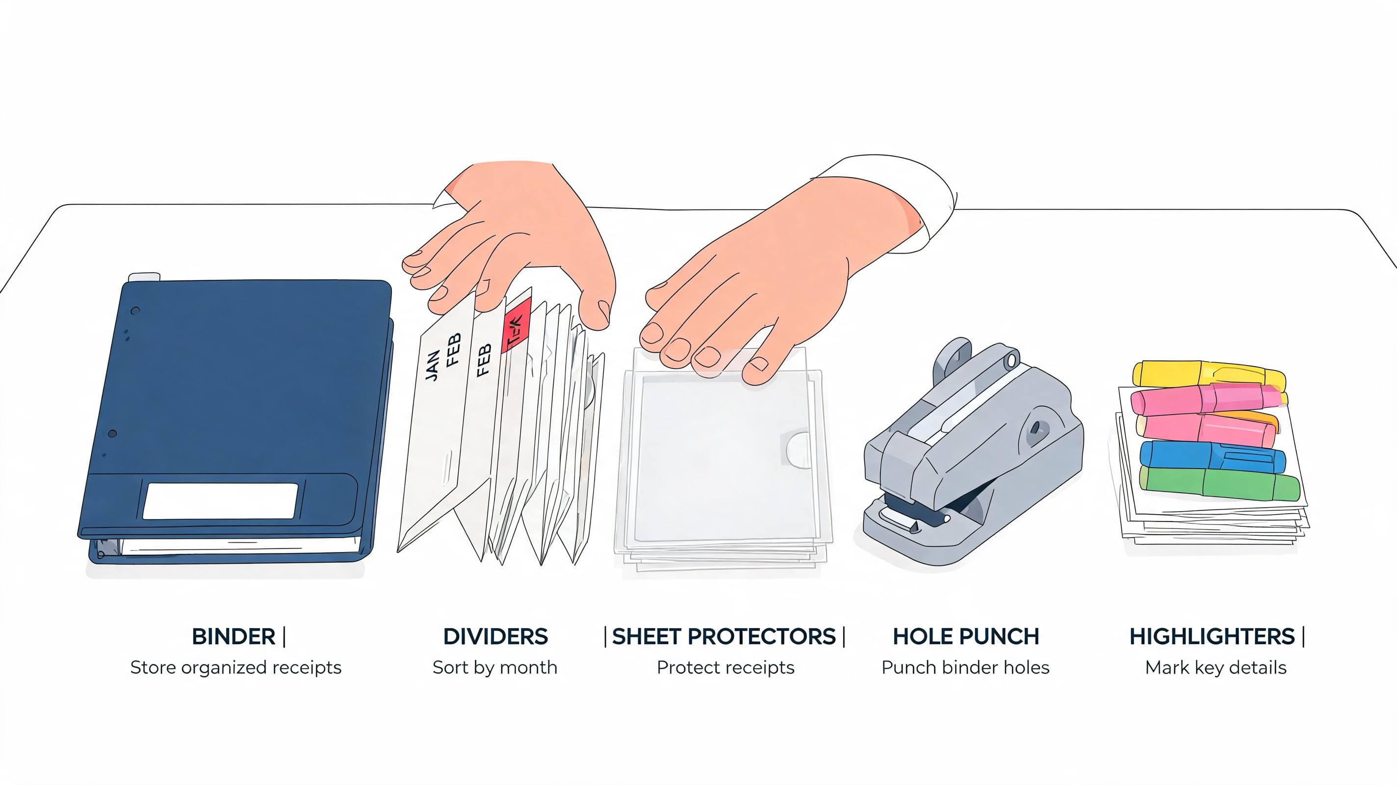 A person organizing receipts with a blue binder, monthly dividers, sheet protectors, hole punch, and colorful highlighters.