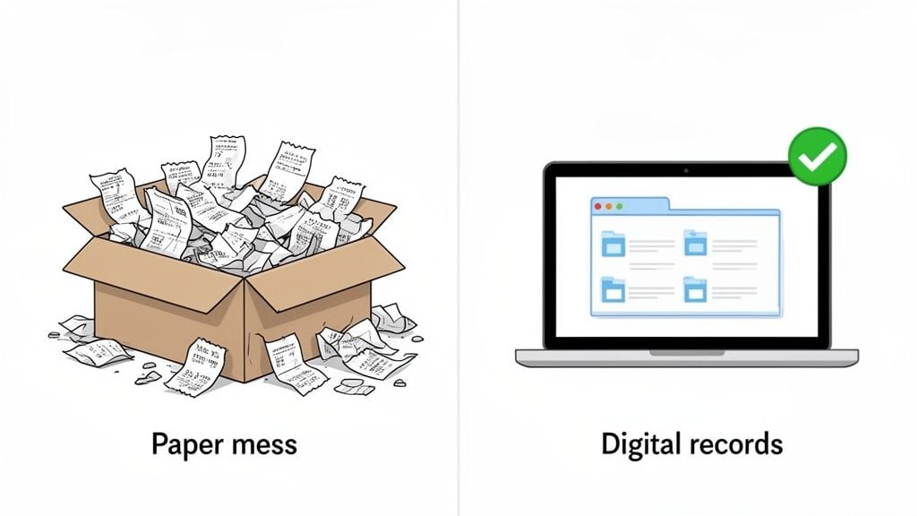A messy box of paper receipts contrasted with organized digital files on a laptop screen.