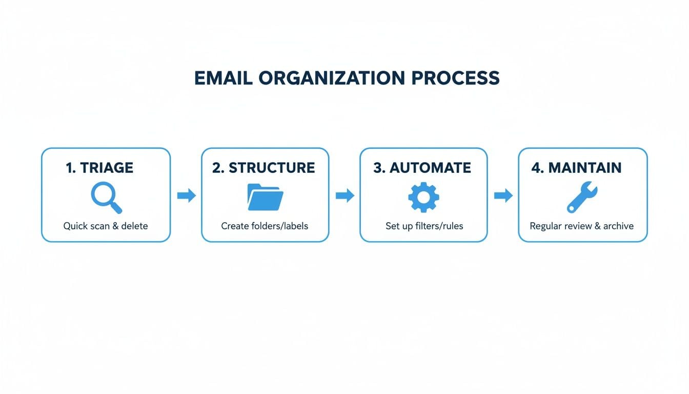 A four-step email organization process: triage, structure, automate, and maintain for an efficient inbox.