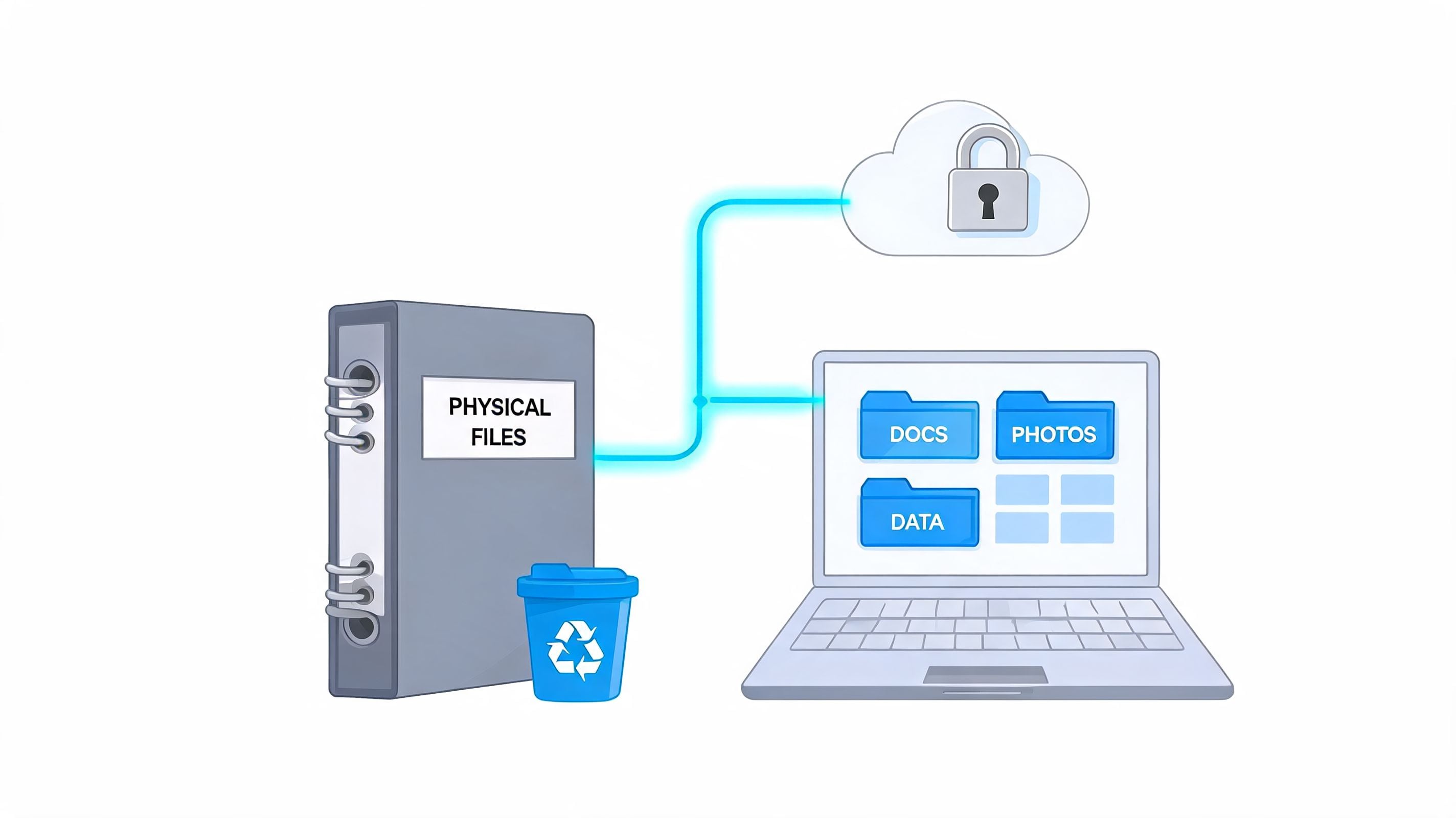 A digital illustration showing the transition from physical file binders to organized cloud storage folders on a laptop.