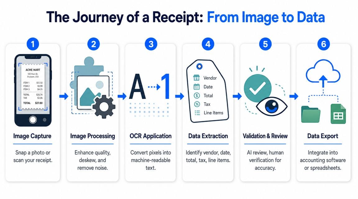 A diagram illustrating the six-step process of converting a physical receipt into digital accounting data.