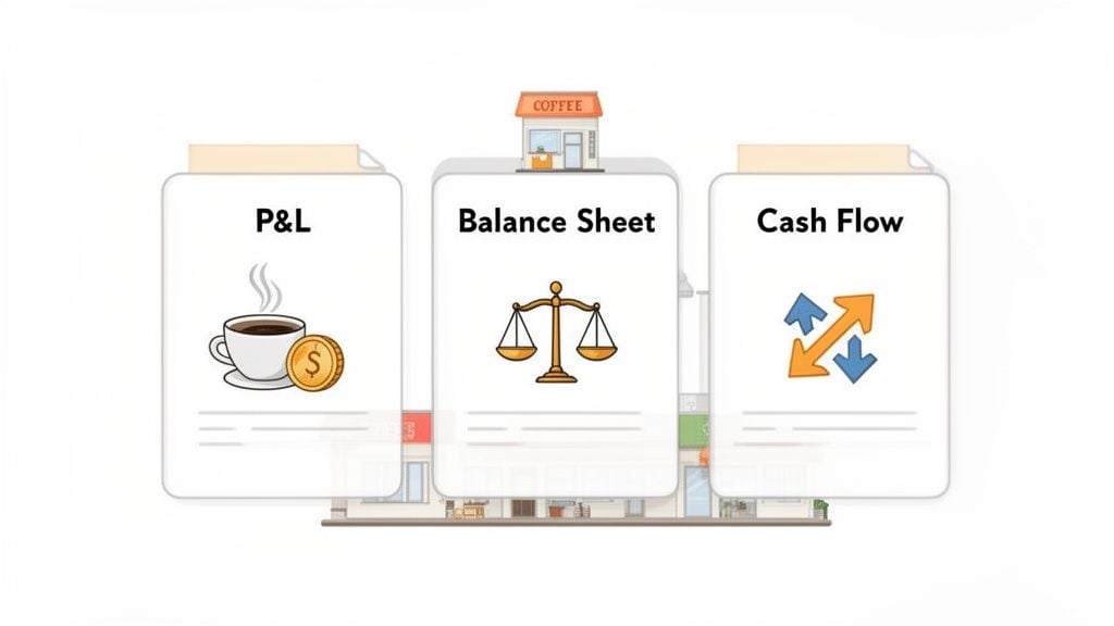 Illustrative image showing P&L, Balance Sheet, and Cash Flow statements for a small coffee business.