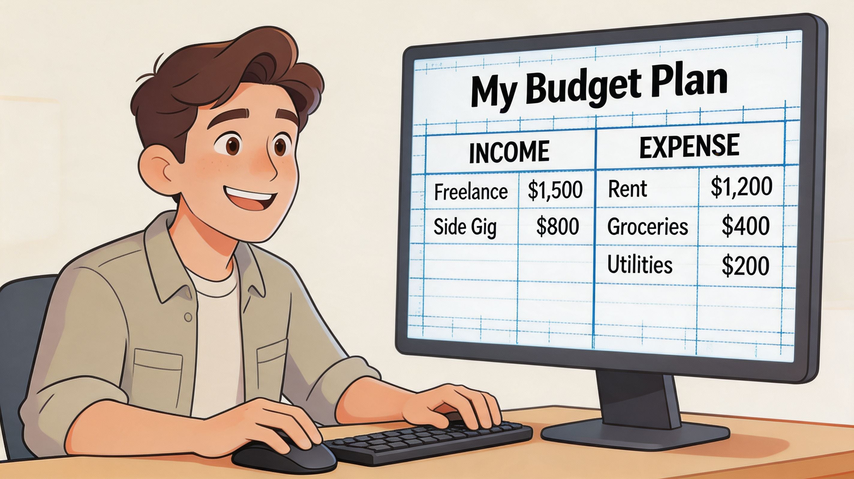 A young man smiling while looking at a computer monitor displaying a personal budget plan worksheet.