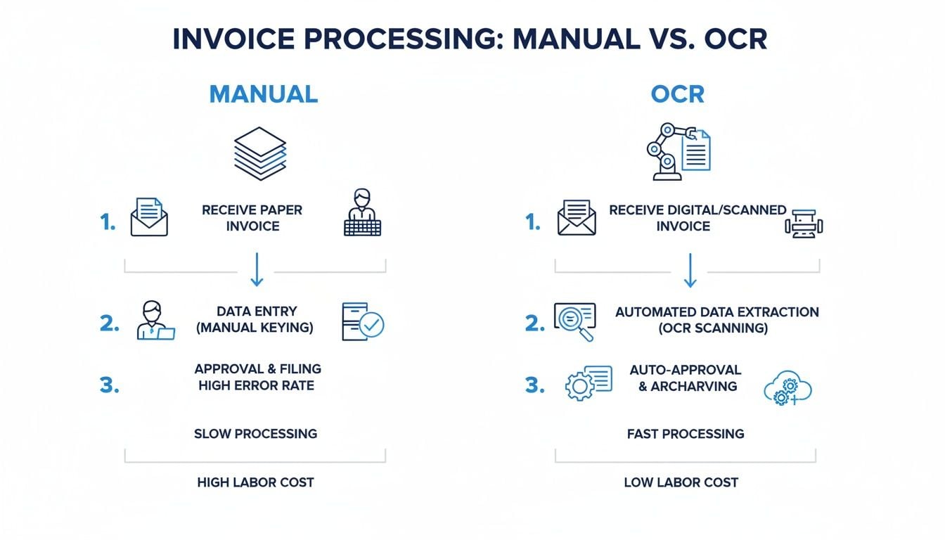 Infographic comparing manual versus OCR invoice processing, highlighting OCR's speed, automation, and lower labor costs.