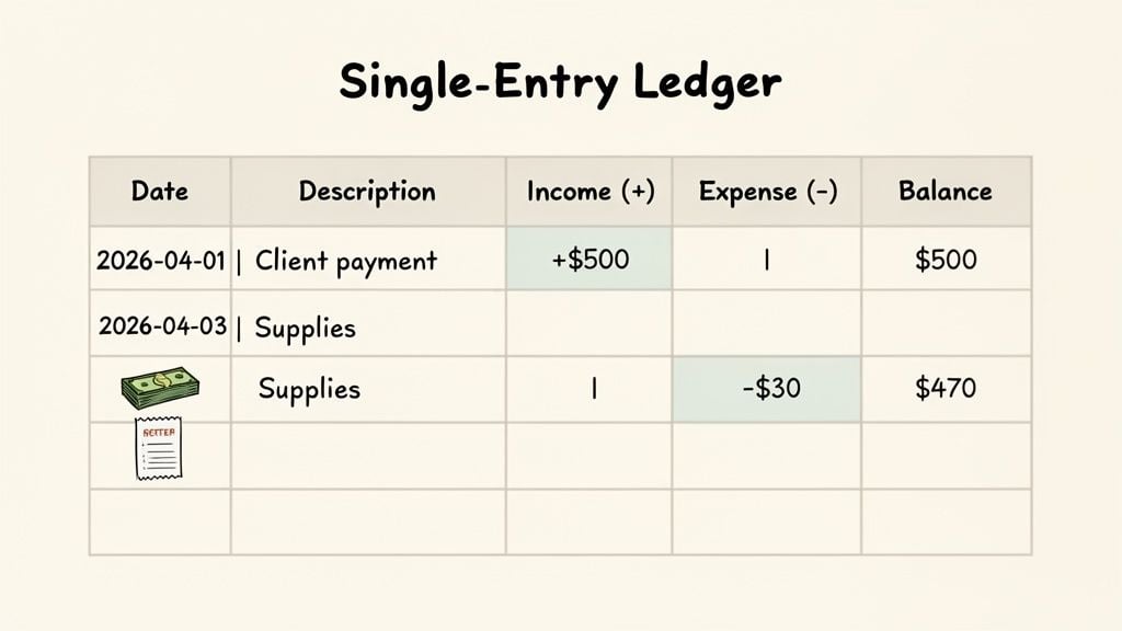 A single-entry ledger table displaying financial transactions: client payment income and supplies expense with balances.