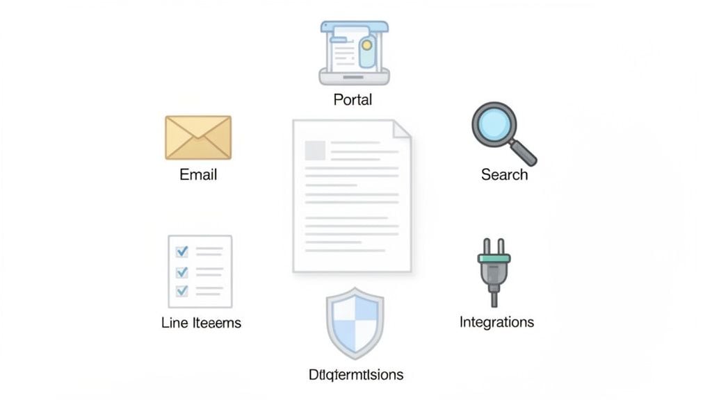 Diagram showing a central document surrounded by icons representing email, portal, search, line items, integrations, and permissions.