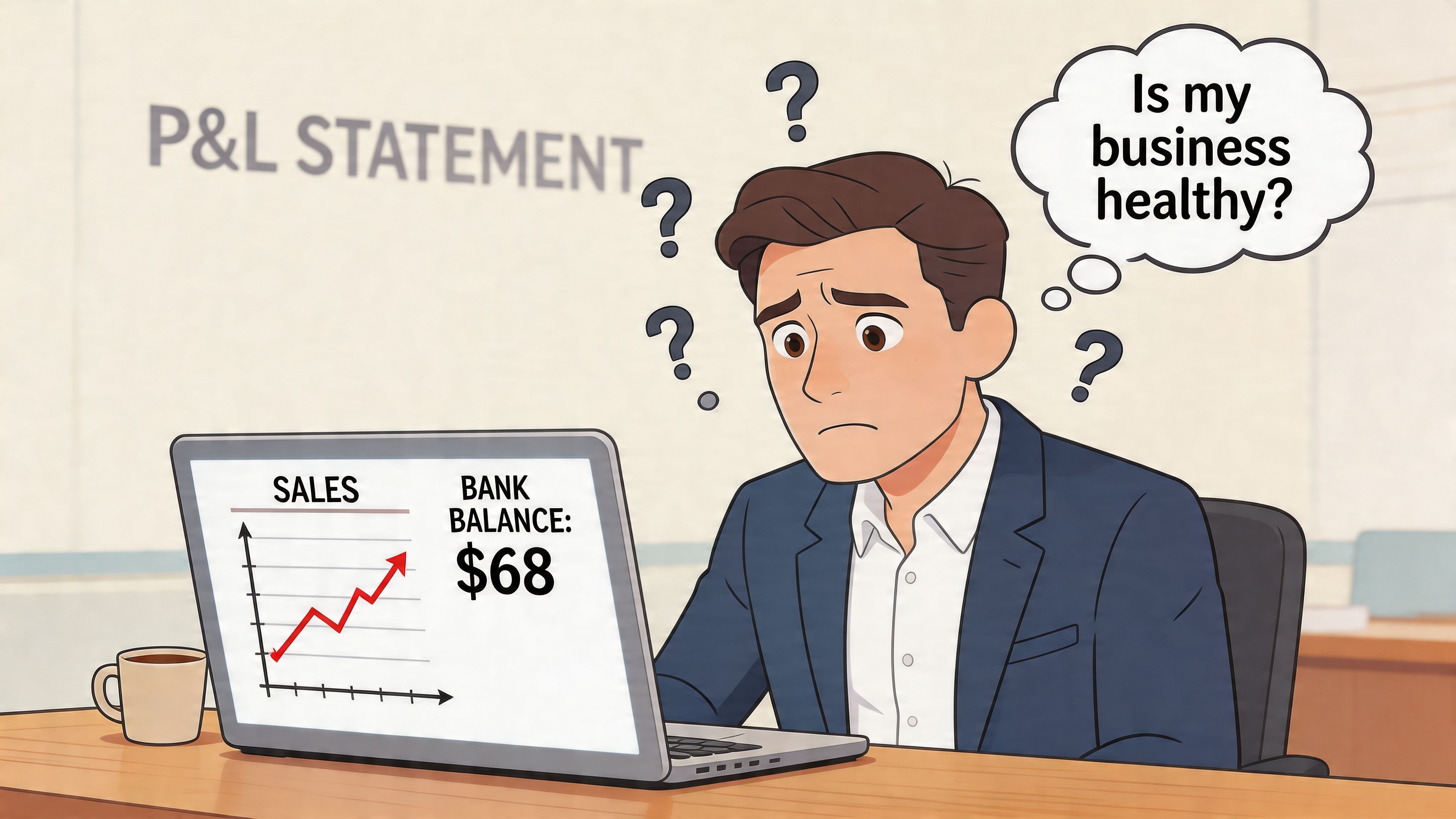 A confused businessman looking at his laptop screen wondering about his business health and cash flow.