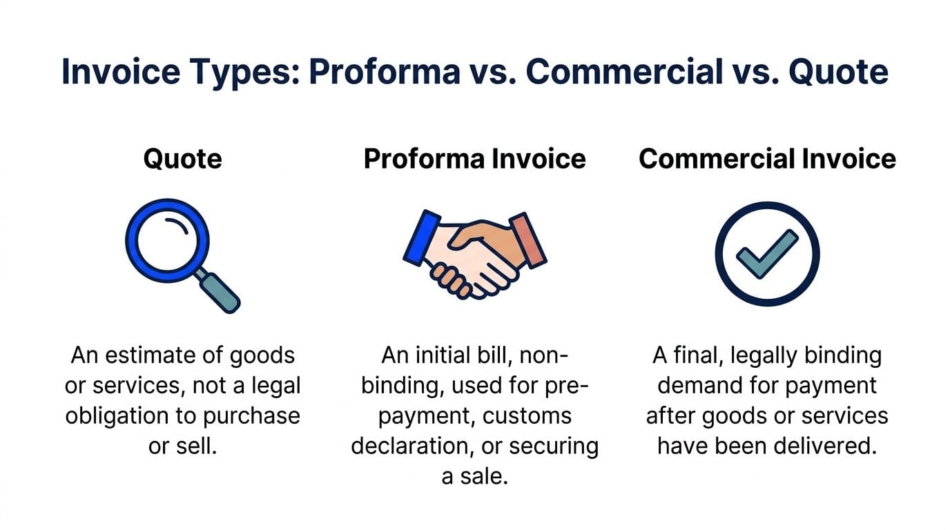 A comparison chart explaining the differences between a quote, proforma invoice, and commercial invoice for business.