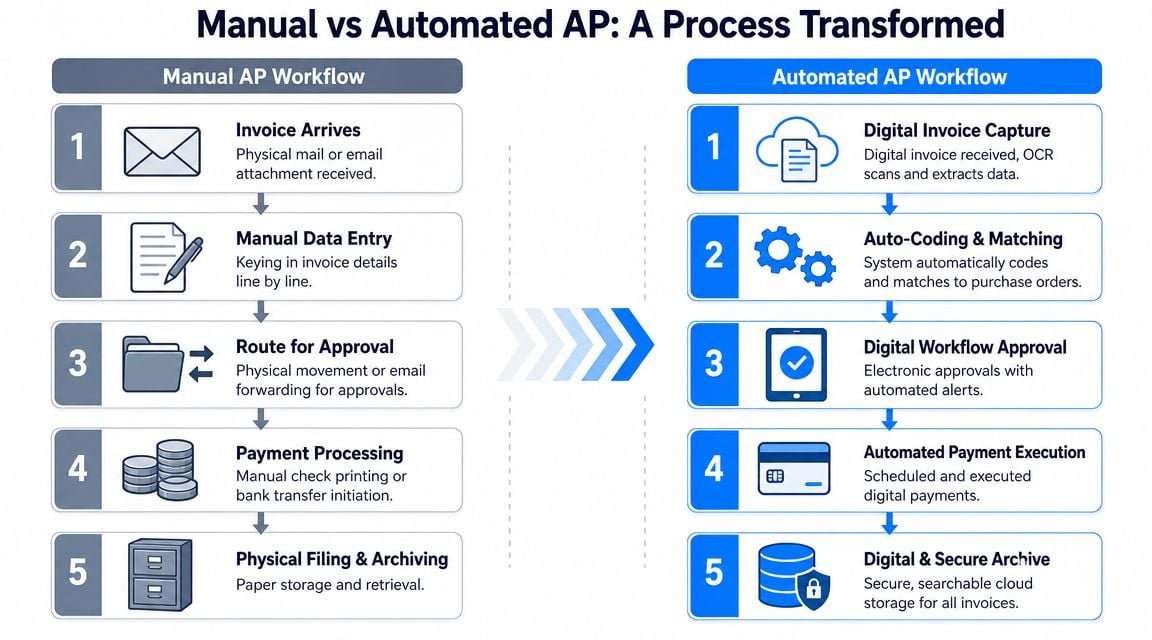 A comparison chart showing the five steps of a manual AP workflow versus an automated AP workflow.