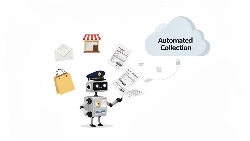 Cartoon robot automates collection of invoices and data from multiple sources into a secure cloud system.