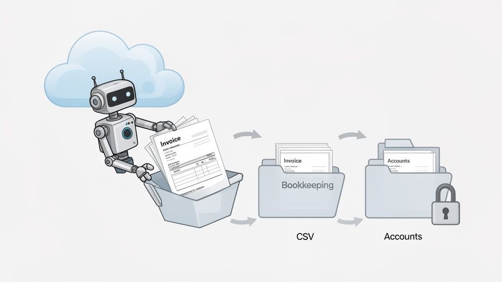 Cloud robot automates invoice processing from a bin to bookkeeping CSV and secure accounts.