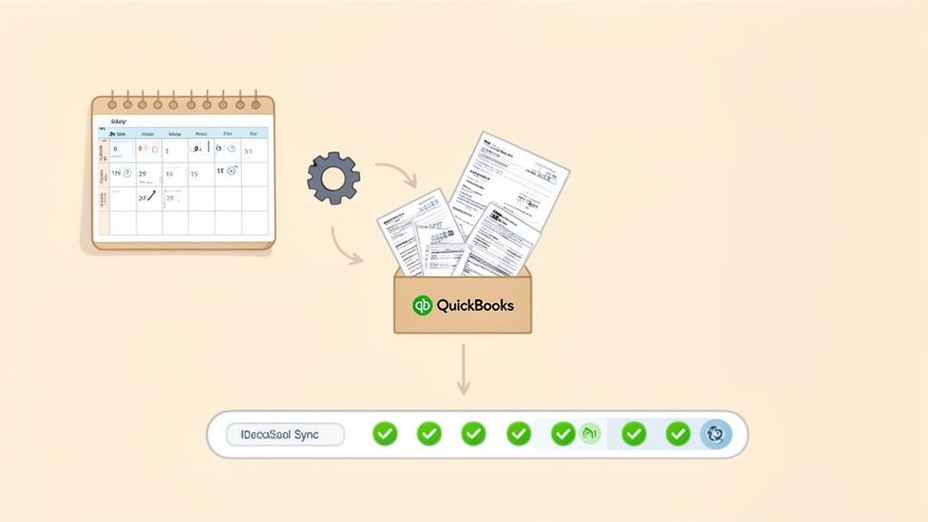 Illustration of a financial workflow, showing a calendar, gear, documents in QuickBooks, and sync progress.