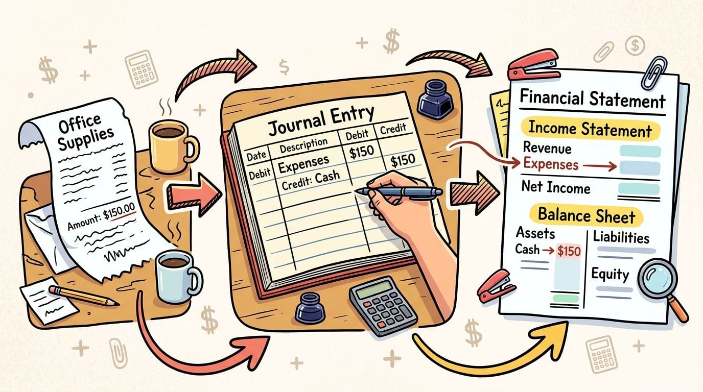 A hand recording an expense journal entry based on an office supplies receipt for financial statements.