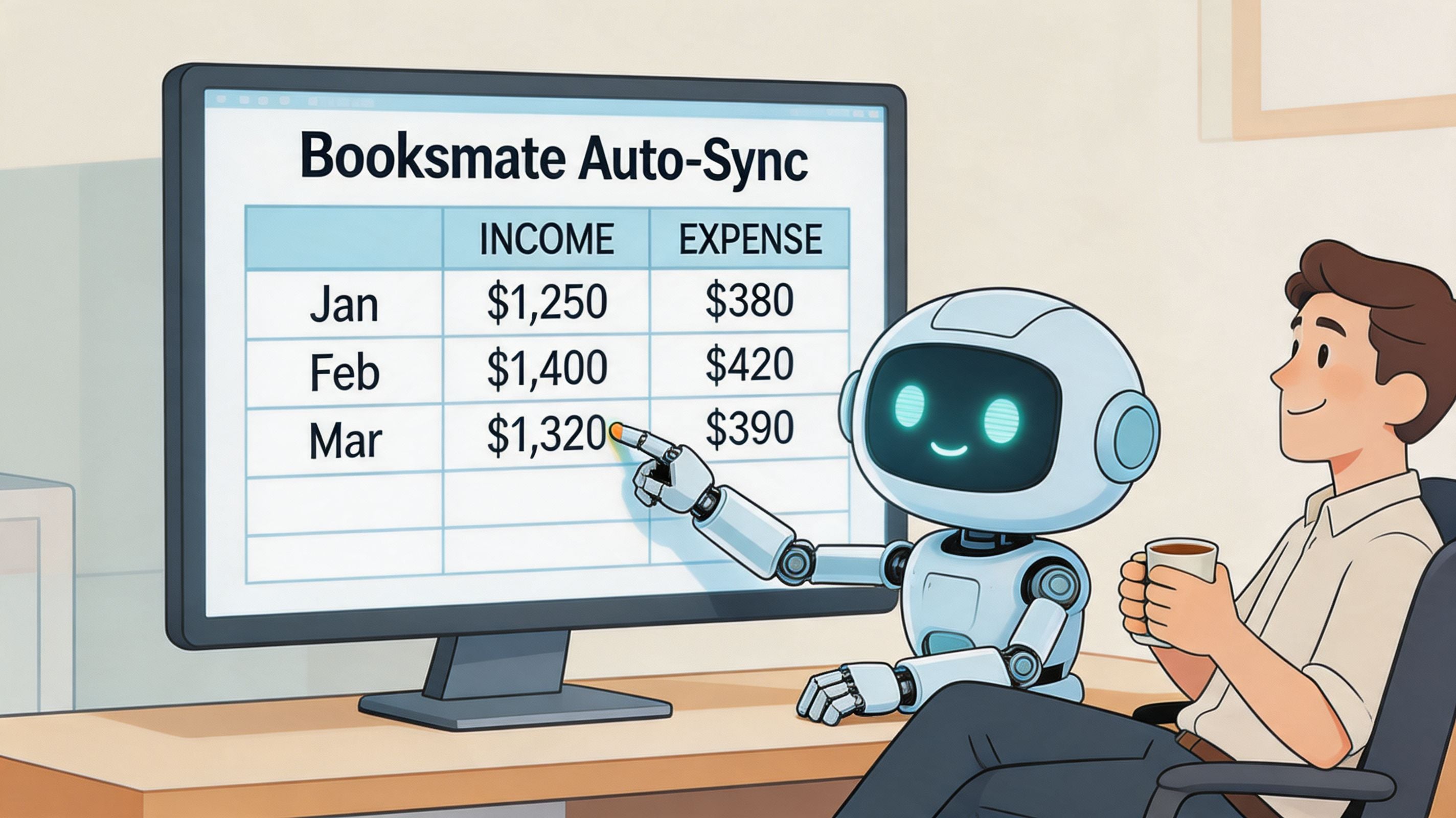 A friendly robot points to an income and expense spreadsheet on a computer monitor for a man.