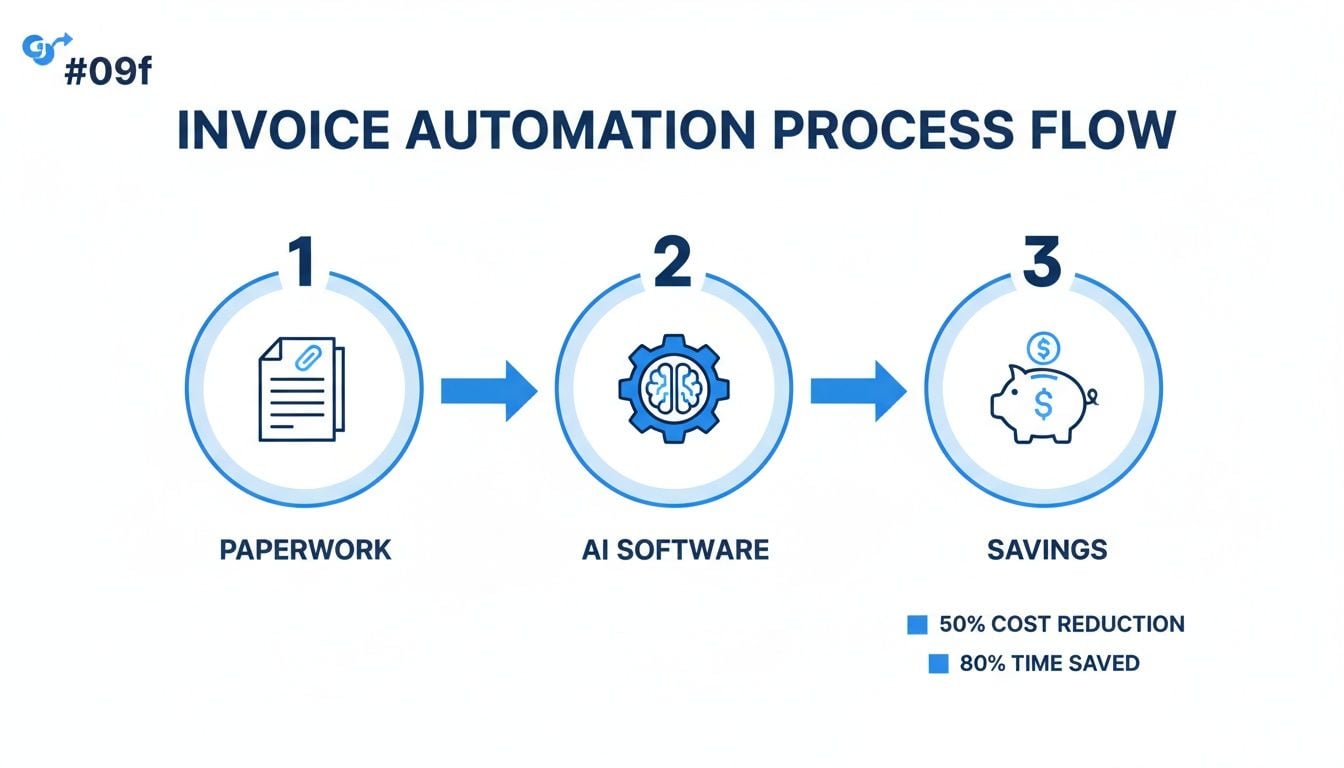 Invoice automation process flow detailing paperwork, AI software, and financial savings with significant cost and time reduction.