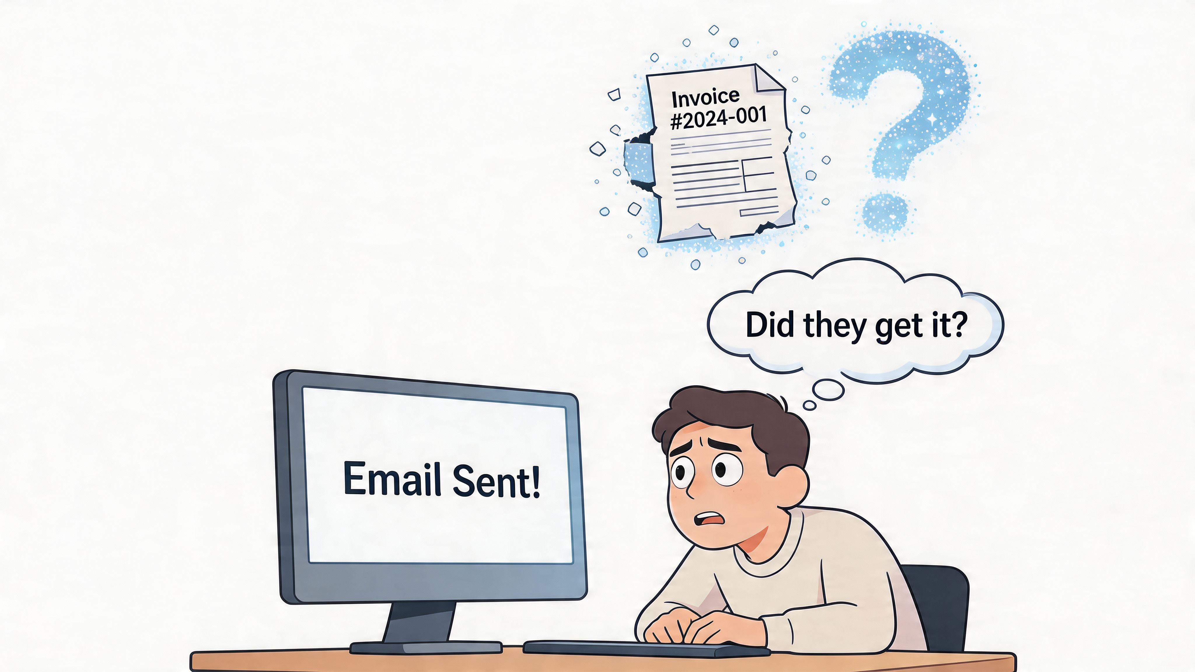 A concerned person sits at a computer desk feeling anxious after sending an important invoice via email.