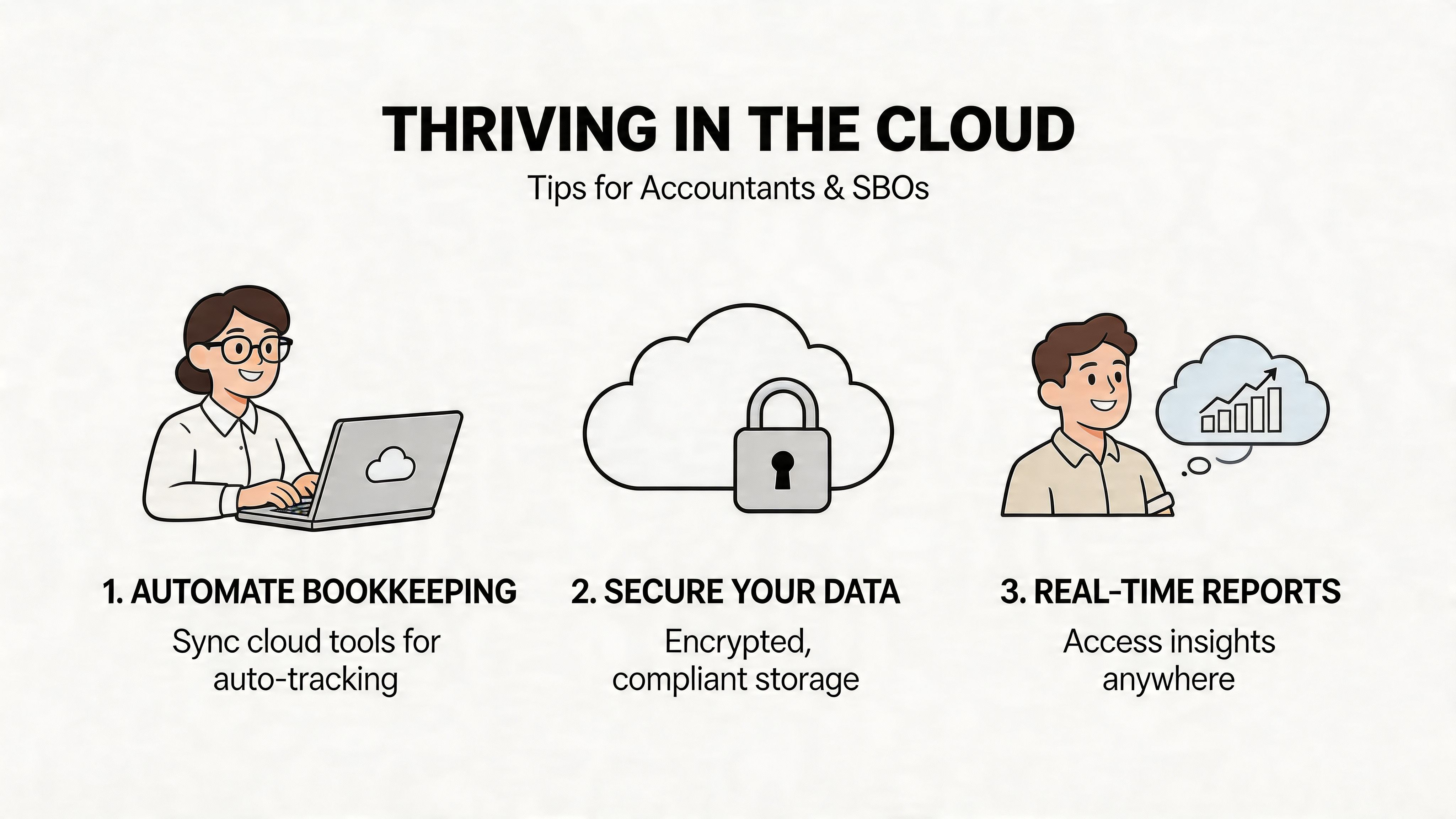 An infographic titled Thriving in the Cloud offering three essential tips for accountants and small business owners.