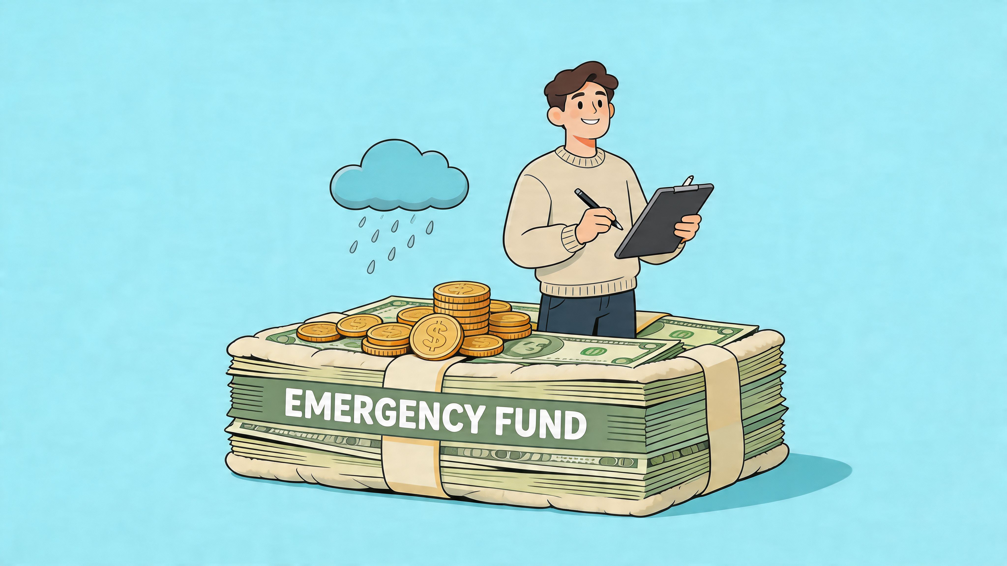 A happy man standing on a large stack of cash labeled emergency fund under a rain cloud.