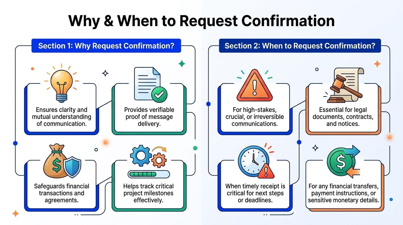 An infographic titled Why and When to Request Confirmation, outlining communication tips and best practices.