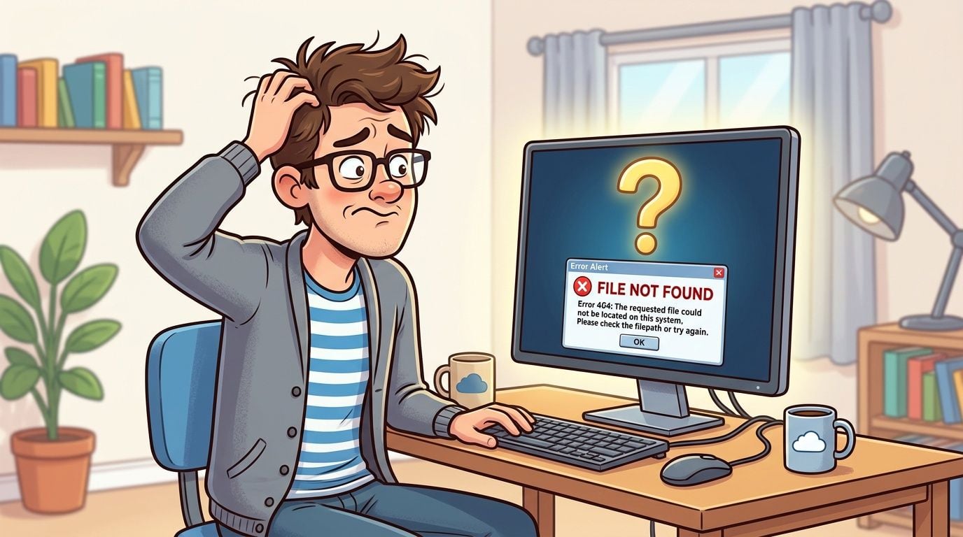A confused young man sitting at a computer desk looking at a file not found error screen.
