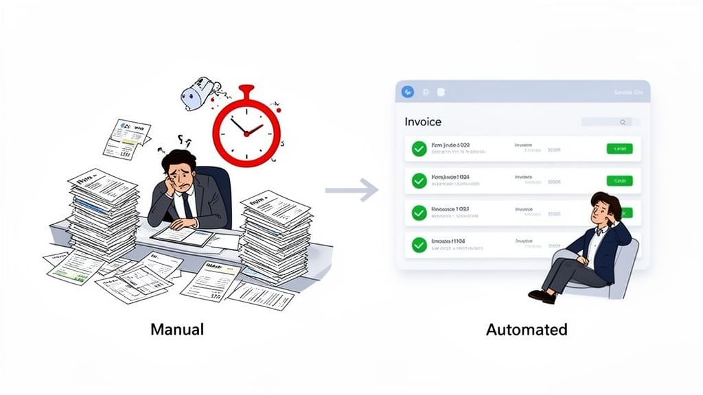 A stressed person buried in manual invoice paperwork transforms to a relaxed person with automated digital invoicing.