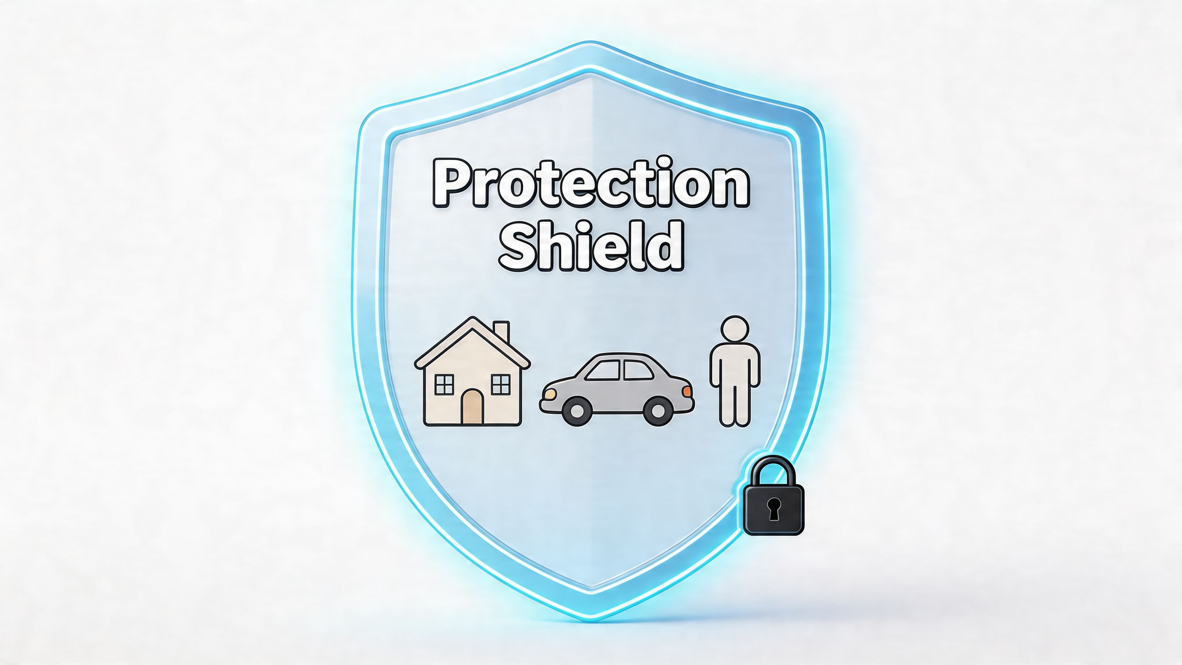 A glowing digital shield icon protecting a house, a car, and a person symbol on white background.