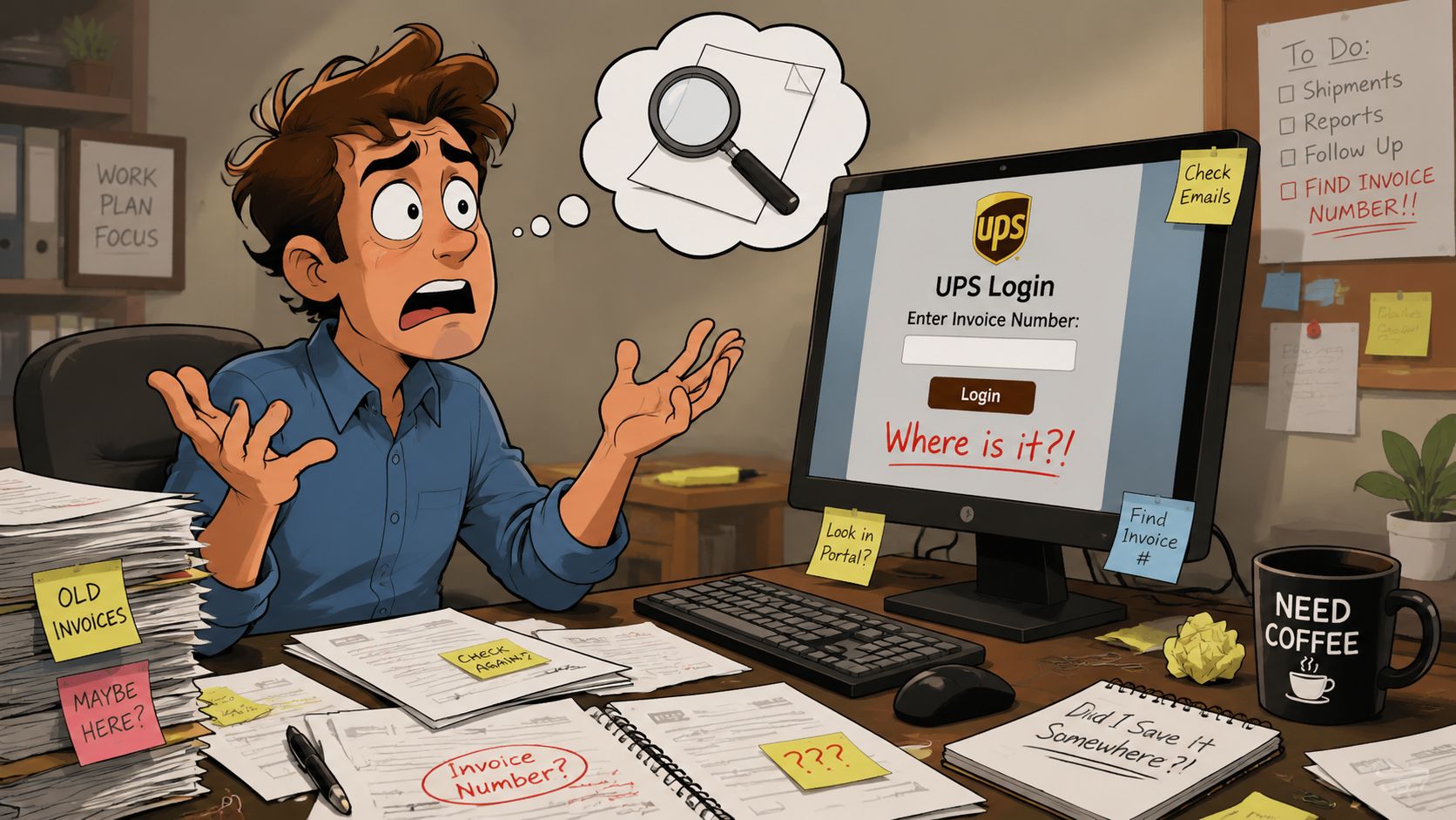 A frustrated office worker sits at a desk cluttered with paperwork, struggling to find a UPS invoice number.