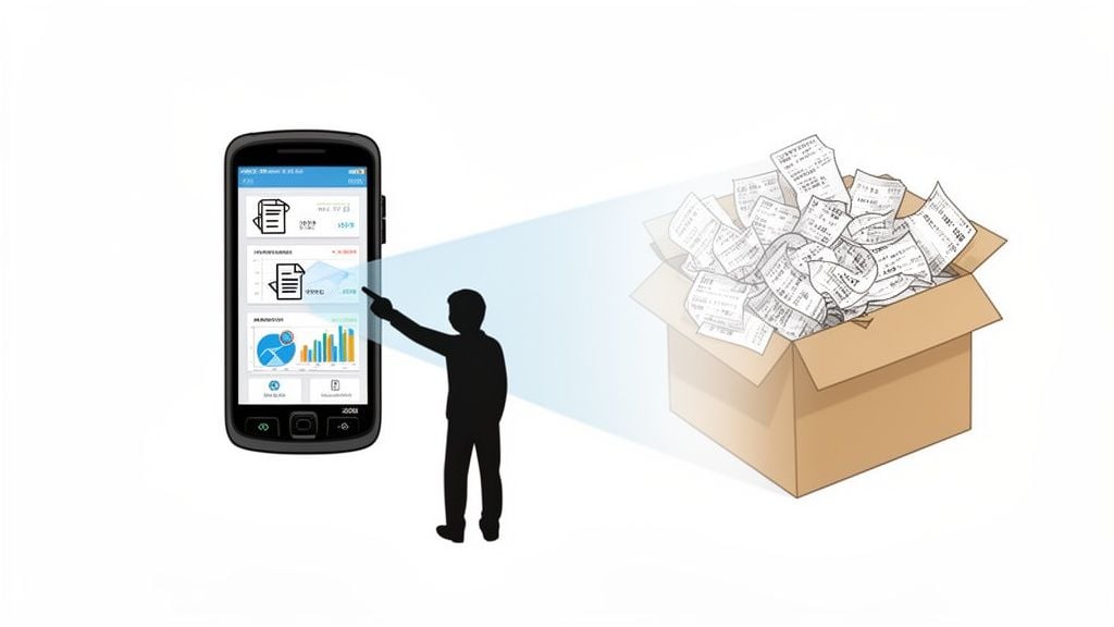 A person uses a smartphone to digitize physical receipts from a box, illustrating digital expense tracking.