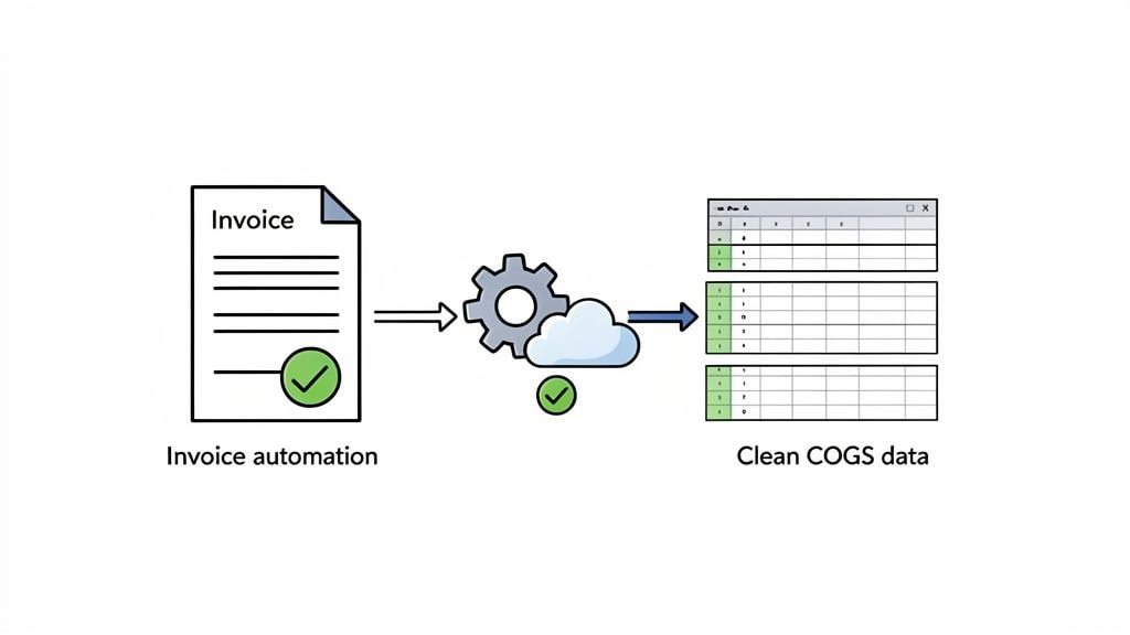 Workflow diagram: Invoice automation converts validated invoices into clean COGS data spreadsheets.