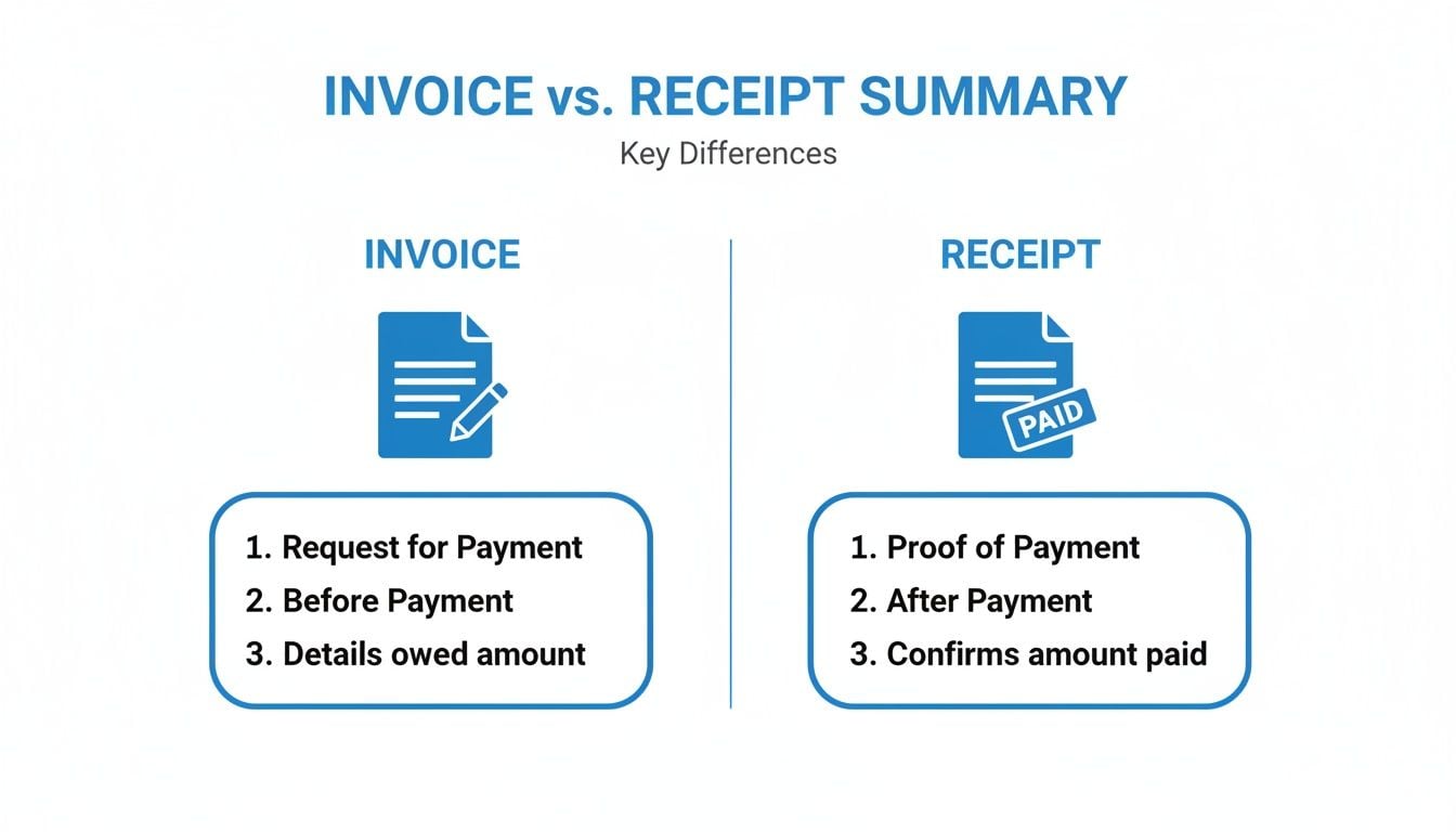 Infographic comparing invoice and receipt, highlighting key differences like purpose, timing, and payment status.