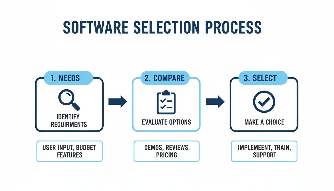 Flowchart illustrating a three-step software selection process: Needs, Compare, and Select, with key considerations for each.