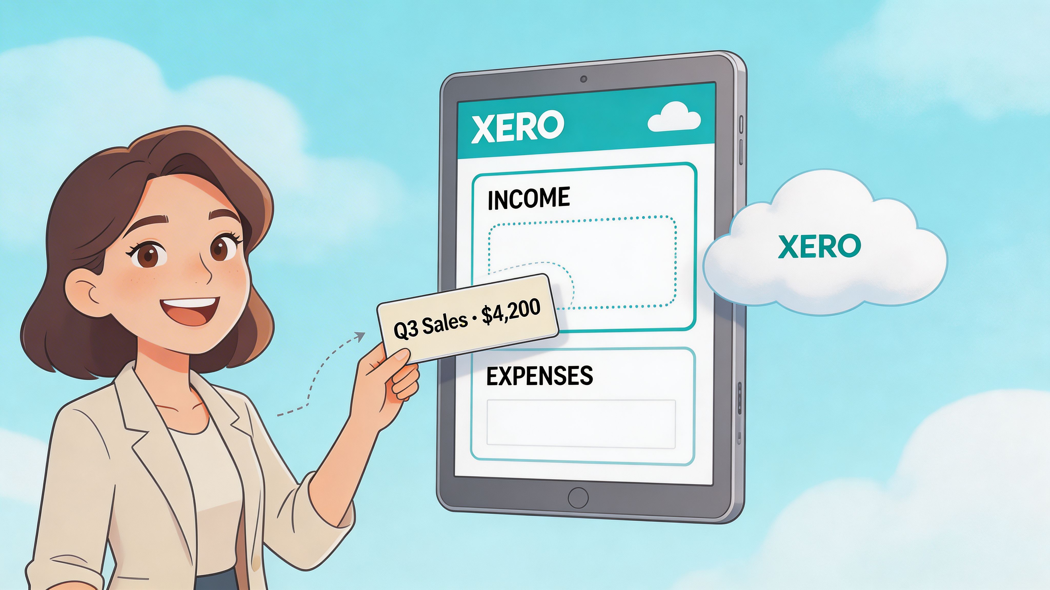 A woman holding a card with Q3 sales information next to a Xero accounting software digital display.