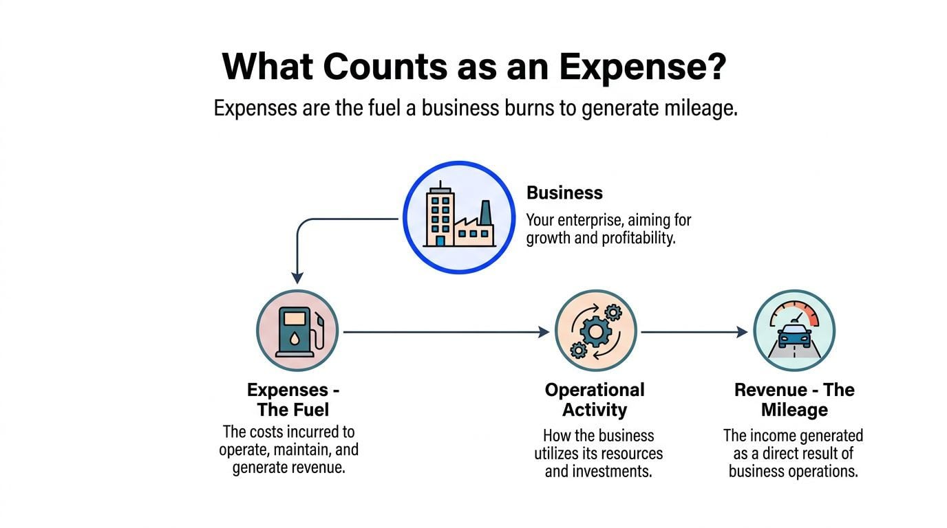 A diagram explaining business expenses as fuel used to generate revenue, illustrating the relationship between costs and income.