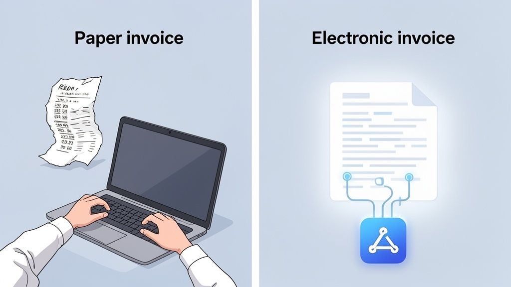 A visual comparison of manual paper invoice processing versus automated electronic invoice management.