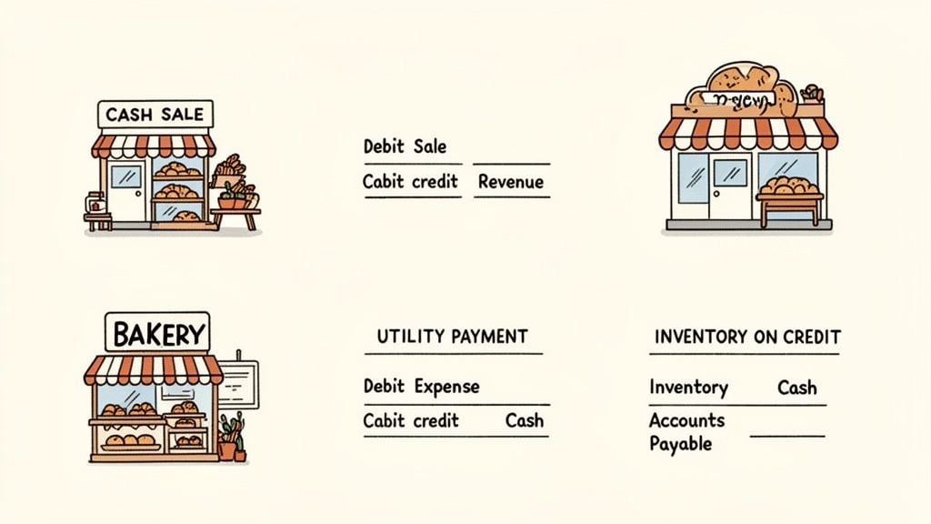 Illustrations of bakery transactions with corresponding double-entry journal entries for sales, utilities, and inventory.