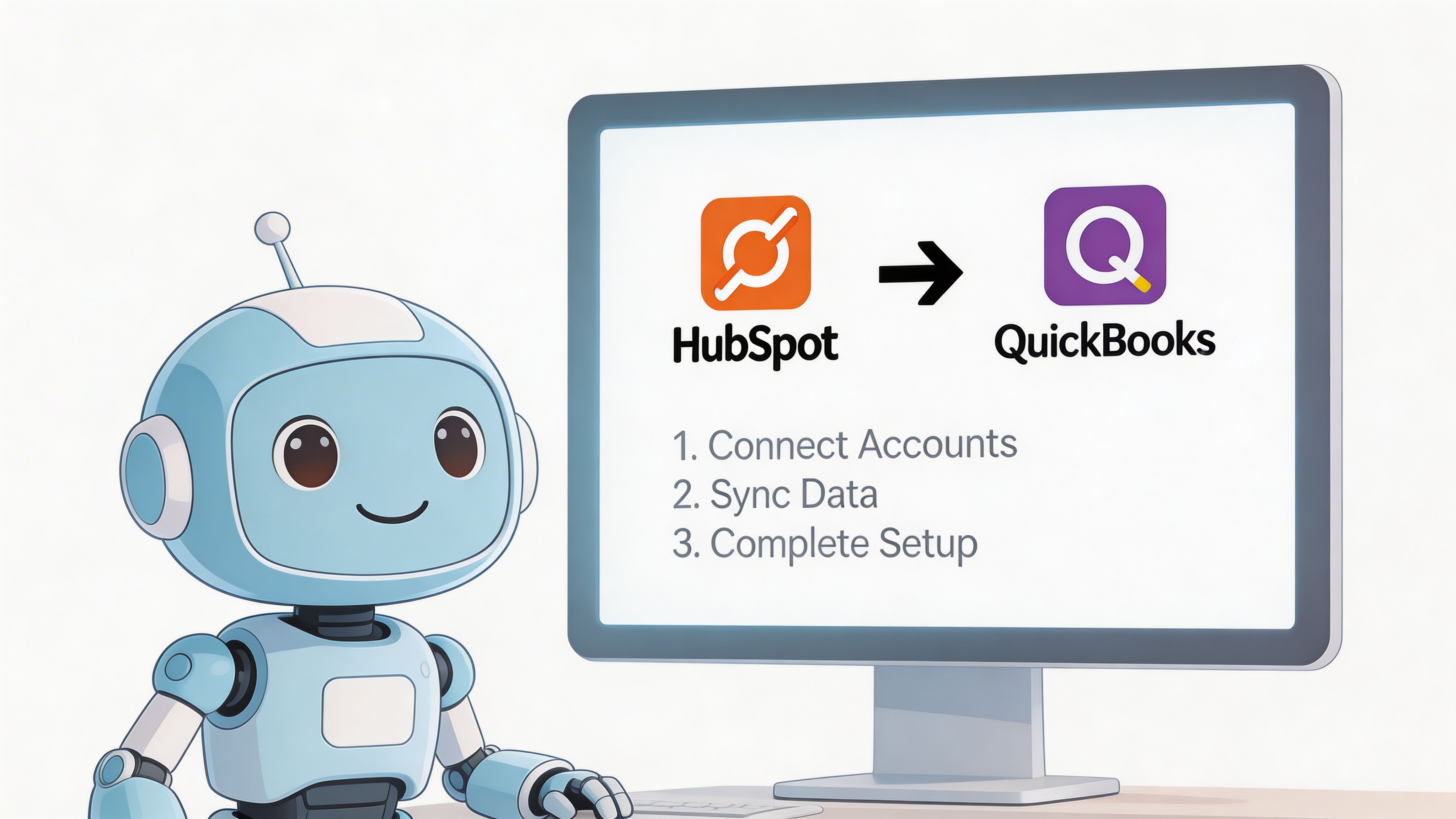 A friendly robot standing next to a computer screen showing the Hubspot to QuickBooks integration setup process.