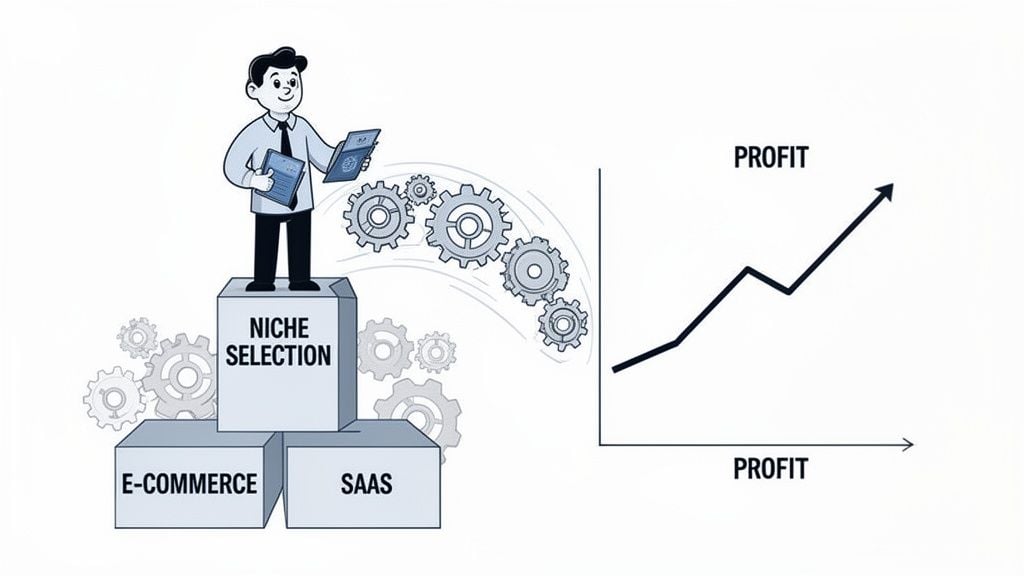 A businessman standing on blocks labeled Niche Selection, E-commerce, and SaaS beside a growing profit chart.