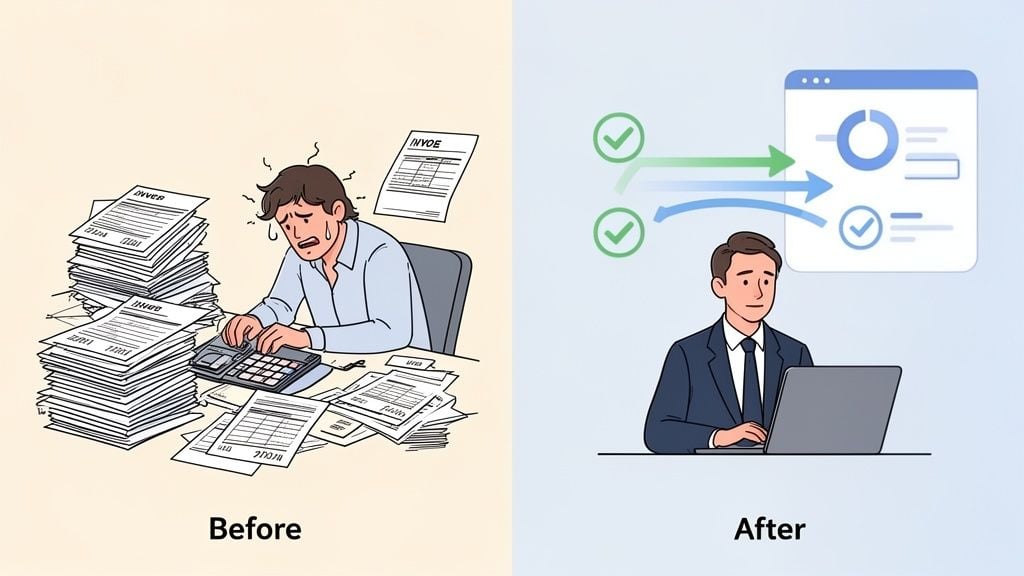 A before and after image showing manual, stressful invoice processing versus calm, efficient digital workflow.